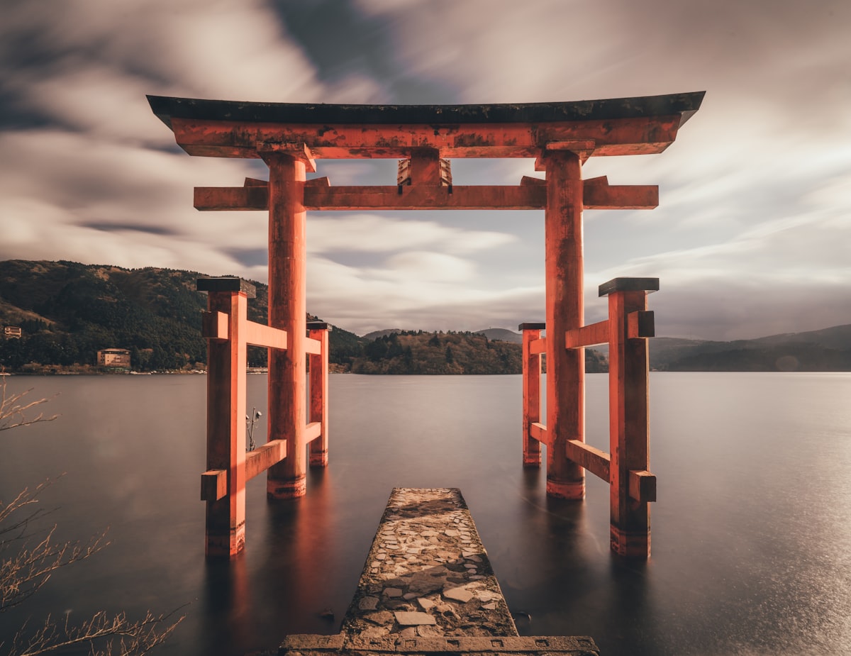 The famous red Heiwa no Torii peace gate of Hakone Shrine standing in Lake Ashi