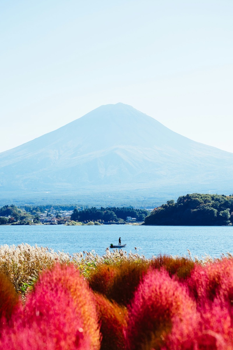 Mount Fuji viewed across Lake Kawaguchi in summer, with calm water and clear sky