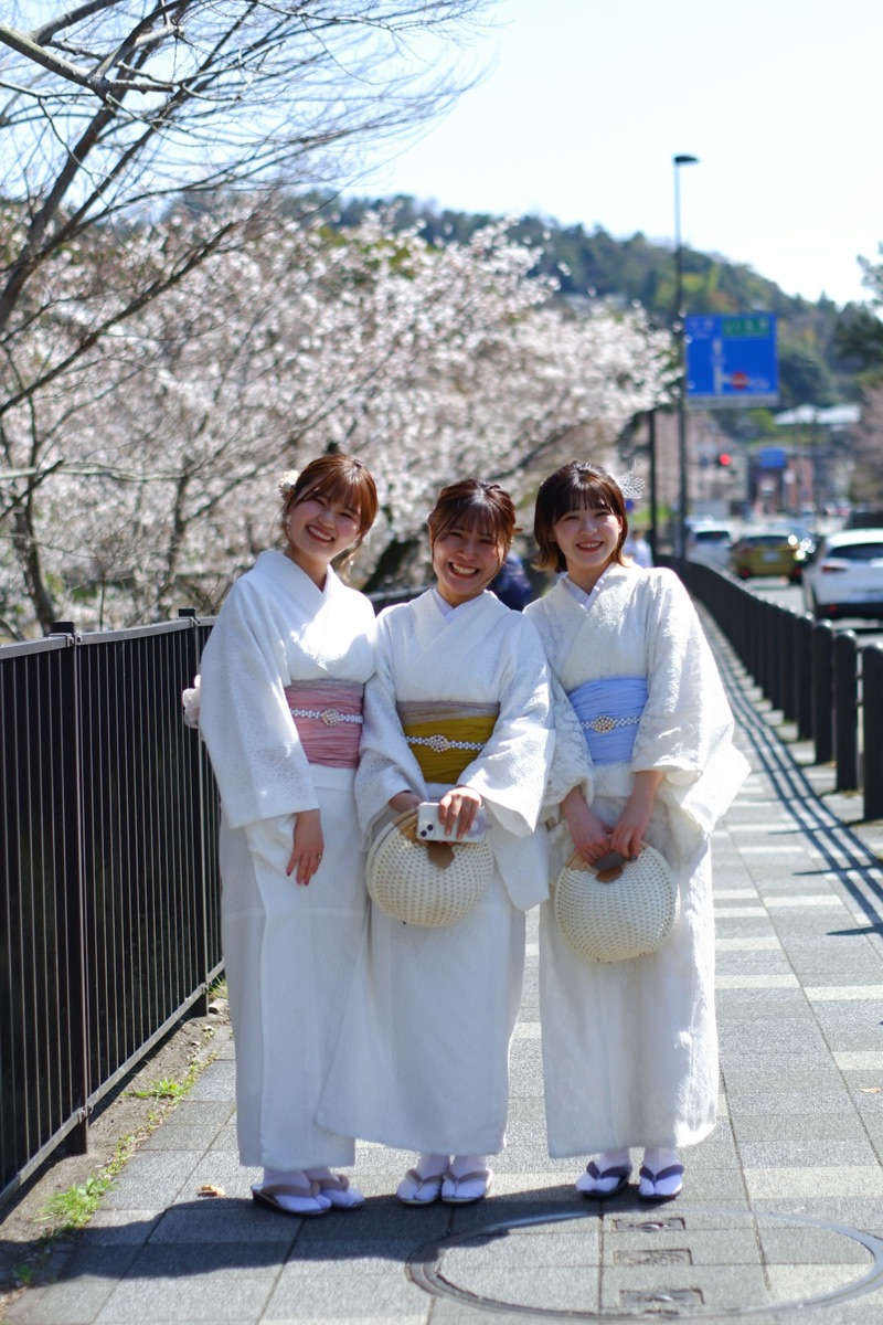 Women in kimonos walking through a quiet Kyoto street in mid-May