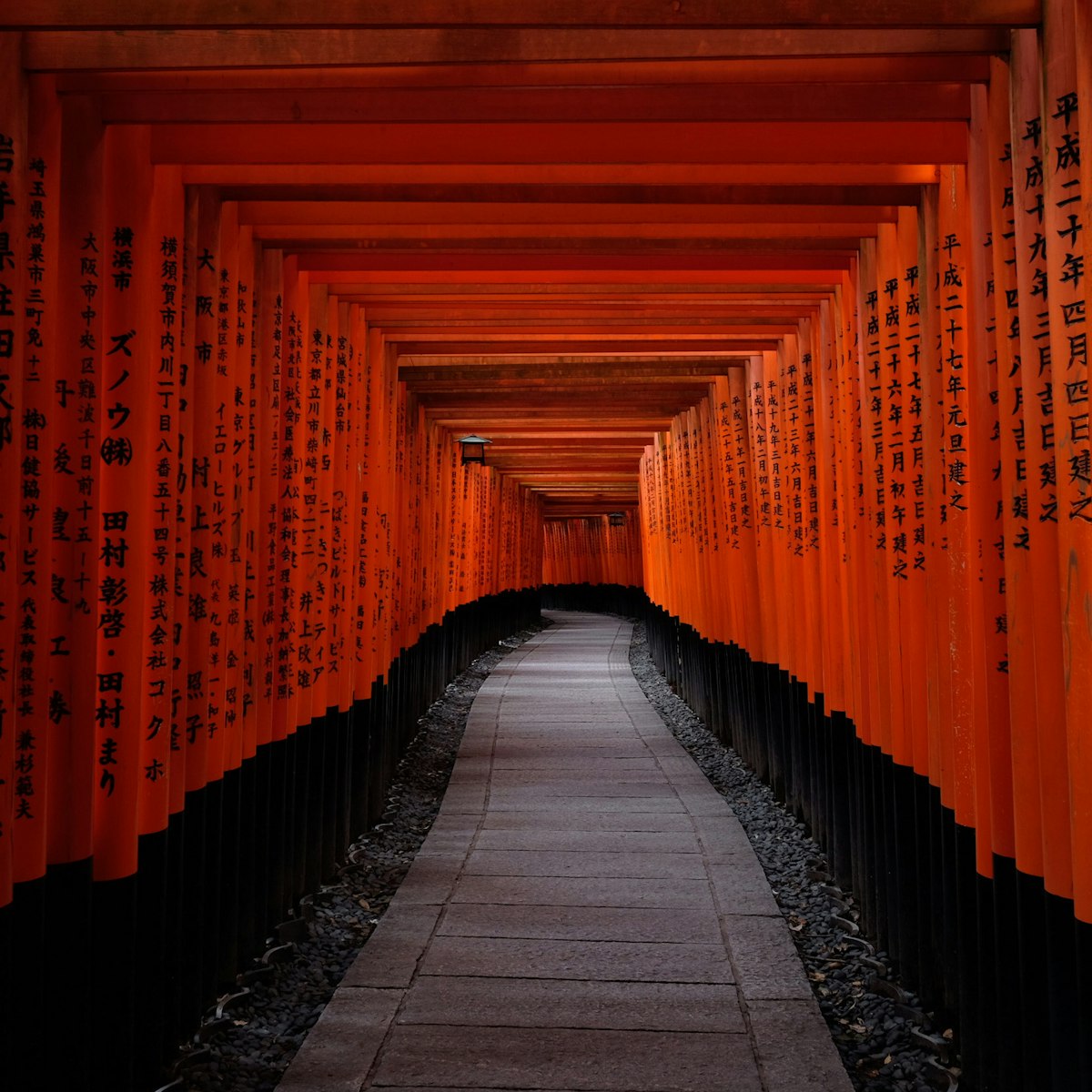An empty pathway under the orange torii gates of Fushimi Inari Shrine in Kyoto at dawn