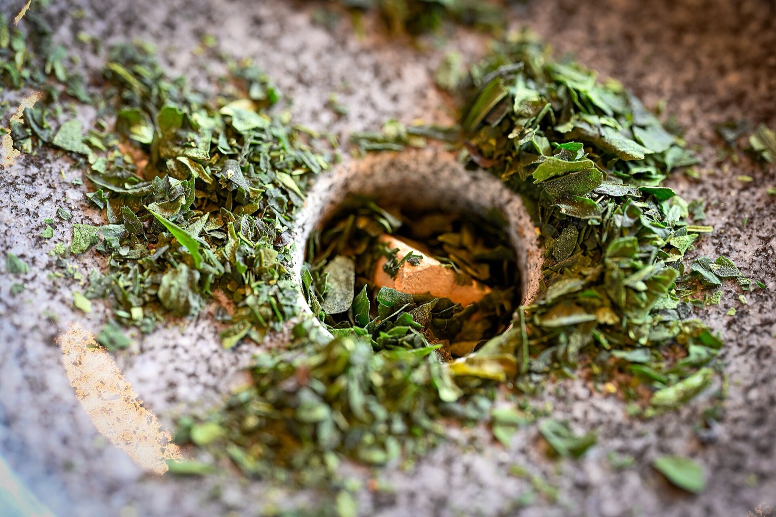 Tencha leaves on a traditional stone tea mill in Uji
