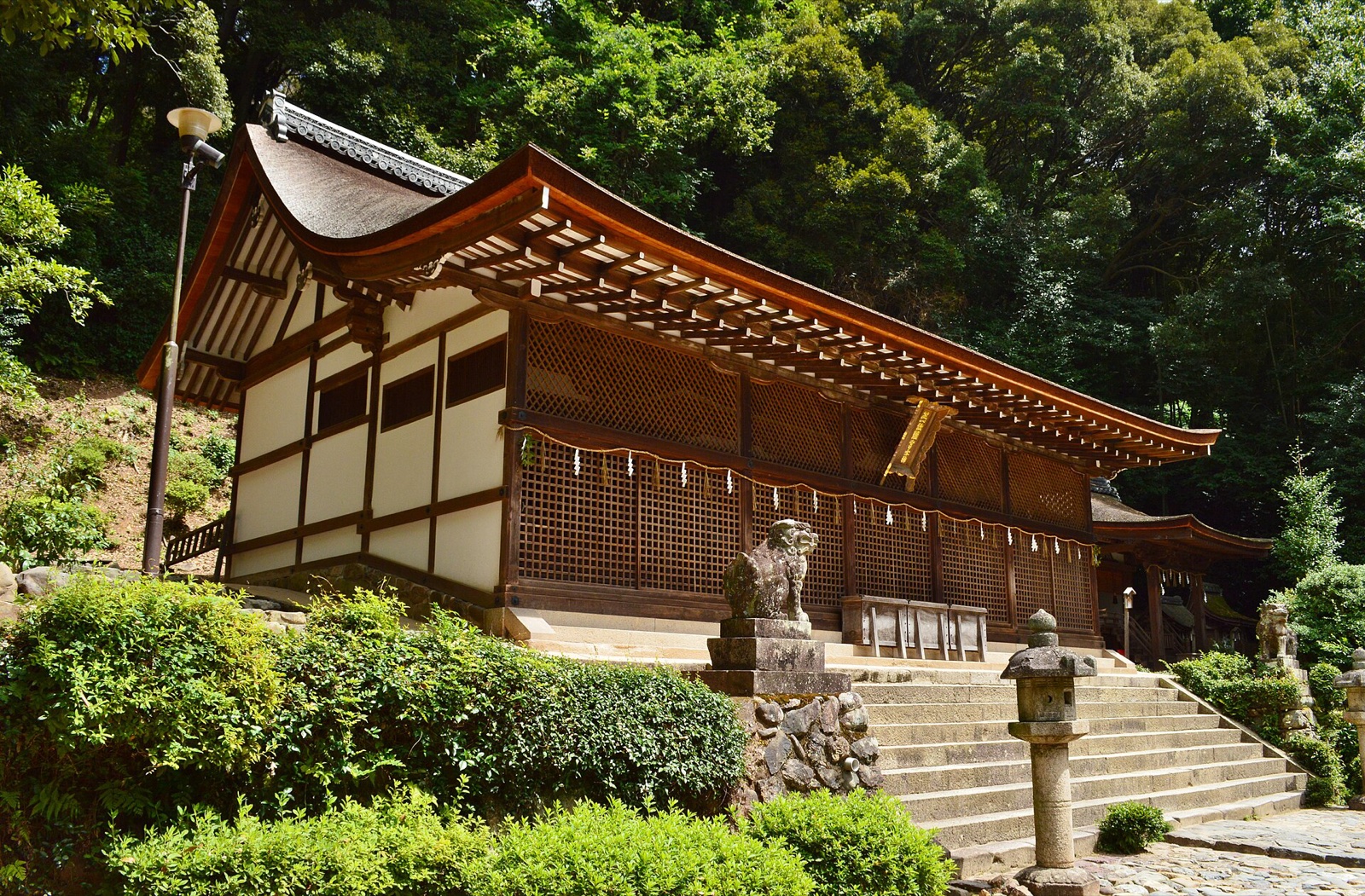 The wooden main sanctuary of Ujigami Shrine beside a wooded slope